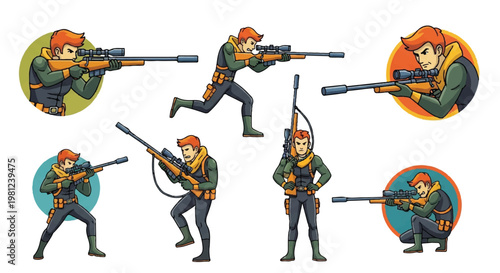 Soldier sniper set in action poses with rifle illustration