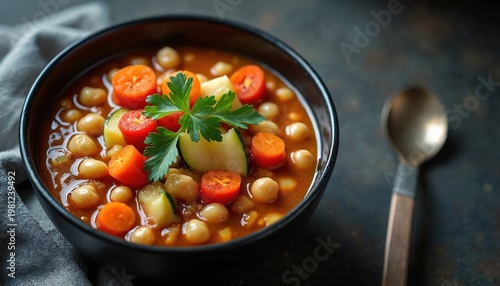 Hearty chickpea soup with fresh vegetables in black bowl. Delicious vegan meal prepared with natural ingredients. Perfect for healthy lunch or dinner. Warm dish.