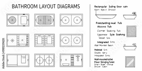 Bathroom layout diagrams showing various tub sink and toilet configurations