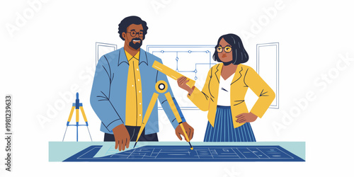 Two architects collaborating on a building plan using drafting tools