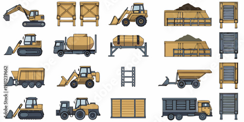 Construction equipment and materials illustrated in a cartoon style
