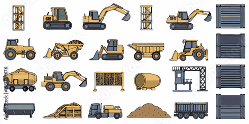 Colorful illustration of various construction vehicles and related elements