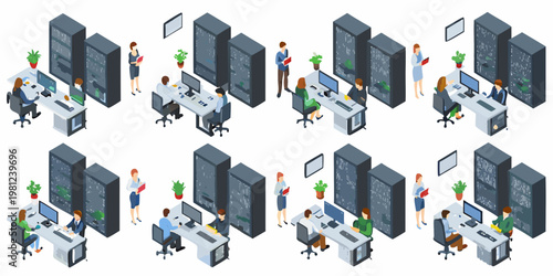 Isometric illustration of a data center with servers and system administrators