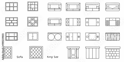 Line drawing collection of various furniture pieces in top down view