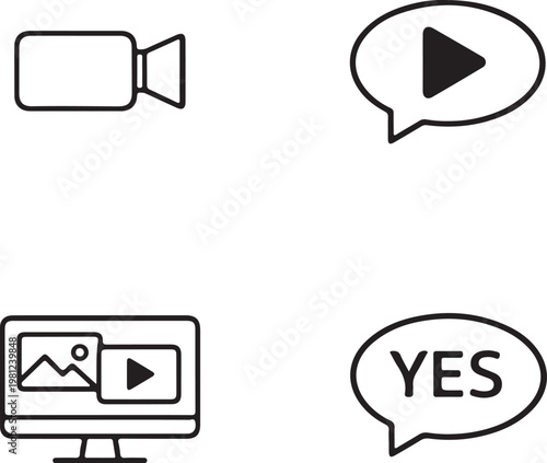 Video and media icon set with play, camera, editing, streaming, and multimedia production symbols