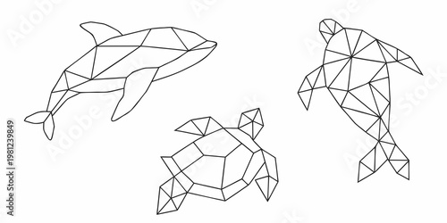 Geometric marine life a dolphin sea turtle and bird rendered in lines