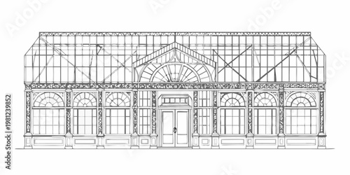 Detailed sketch of a vintage glass greenhouse with arched windows