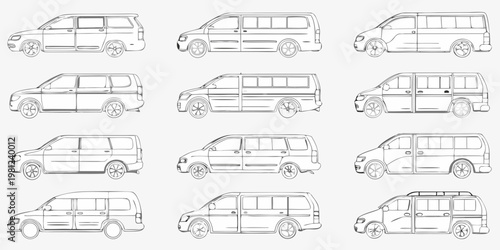 Collection of nine line art illustrations depicting various minivan designs