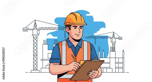 Construction Site Engineer Wearing Hardhat Holding Clipboard.