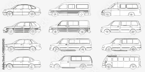 Collection of vehicle outlines cars vans and station wagons displayed