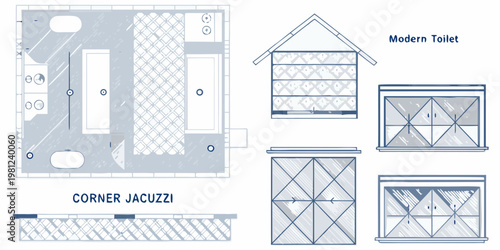 Bathroom floor plan with corner jacuzzi and various tile pattern details