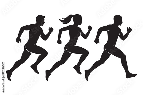 Dynamic Trio: Three athletic figures surge forward in a race, their silhouettes capturing the energy and determination of movement. This evocative image of speed and endurance.