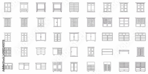 Collection of various cabinet and door designs on a white background