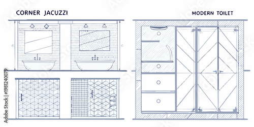 Bathroom design plan featuring a jacuzzi toilet and tiled shower layouts
