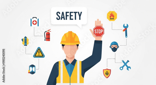 Construction Safety Worker Wearing Hardhat And Vest Raising Hand.