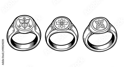 Hand-drawn ornamental signet rings collection with floral designs