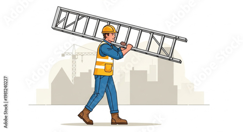 Construction Worker Carrying Ladder Across Worksite.