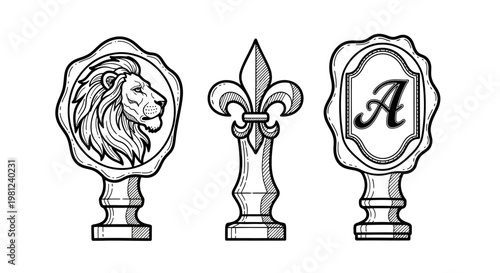 Vintage heraldic emblems: lion, fleur-de-lis, and letter monograms in black and white