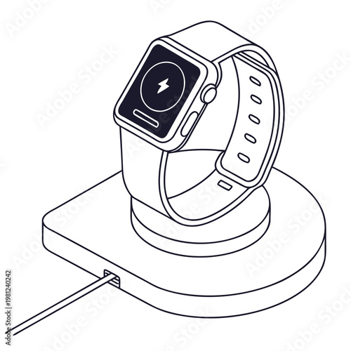 A linear illustration depicts a silver apple watch resting on its magnetic charging dock showcasing a lightning bolt icon high quality professional