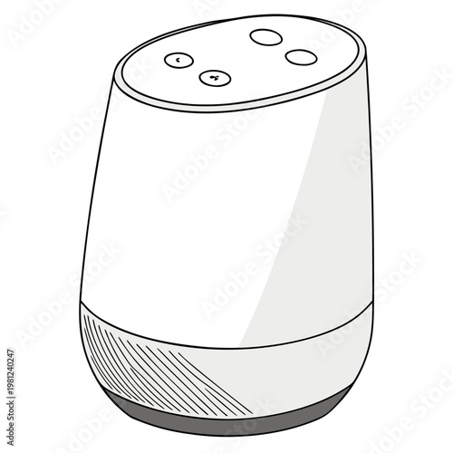A black and white line drawing depicts a cylindrical smart speaker showcasing its minimal design and interactive features high quality professional detailed