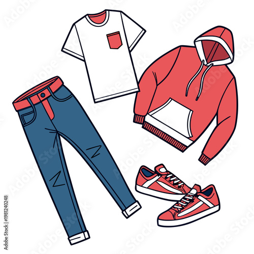 A colorful flat lay illustration showcases a complete outfit including a t shirt hoodie jeans sneakers and a belt high quality professional