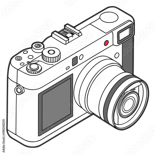 A detailed black and white line drawing showcases a classic rangefinder camera with prominent controls and a large lens high quality professional