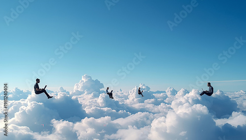 People sitting separately on clouds in blue sky representing isolation. Concept of loneliness remote work distance, social separation, digital communication and disconnected lifestyle