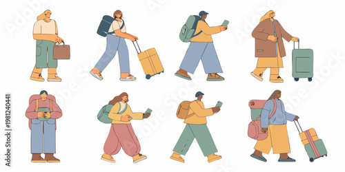 Diverse group of people traveling with luggage and personal belongings