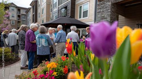 Multigenerational gathering in assisted living courtyard garden, residents and visitors mingling during outdoor event, colorful spring blooms surrounding, ideal for senior housing,