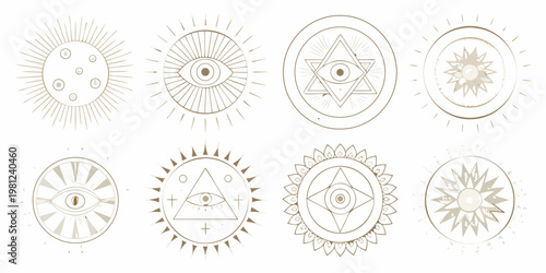 Collection of mystical symbols eyes suns and geometric shapes