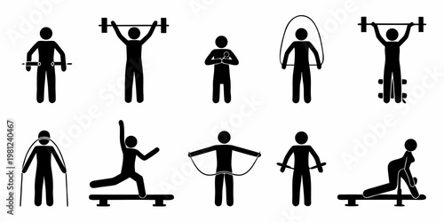 Stick figures demonstrating various fitness exercises and workout routines
