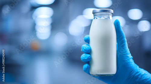 Gloved hand holding a glass bottle of milk in a laboratory setting