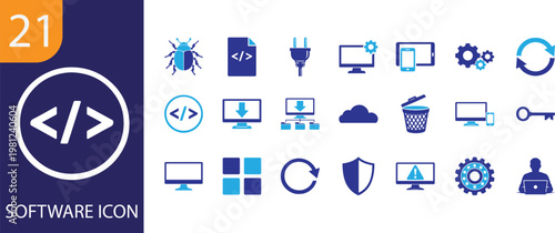 Software icon set with apps, coding, development and system tools symbols for modern UI design.