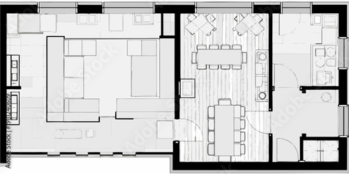 Architectural floor plan displaying a modern living space and dining area