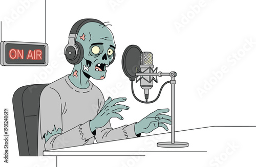 Cartoon zombie radio host character in gray shirt with headphones speaking into microphone at studio desk