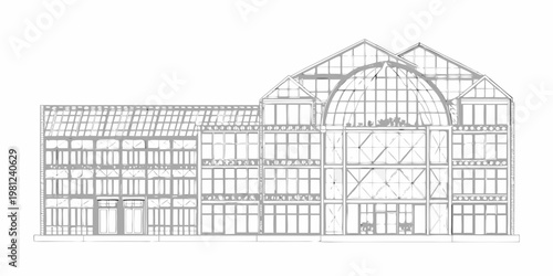 Architectural sketch of a glass and metal greenhouse structure