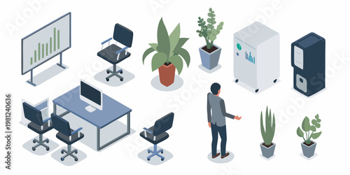 Isometric illustration of a modern office space with technology and plants