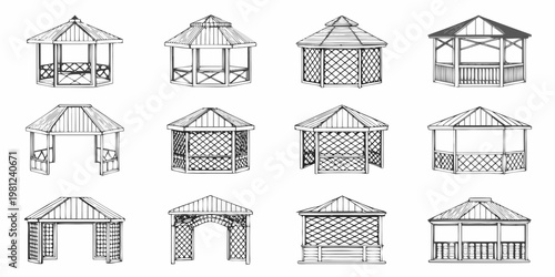 Collection of detailed line art illustrations showcasing various gazebo designs