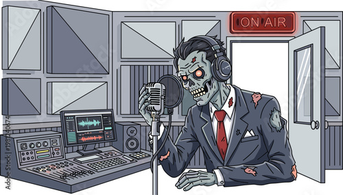 Cartoon zombie radio broadcaster character in torn suit with headphones speaking into vintage microphone at studio console