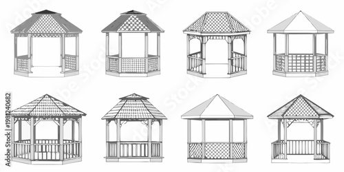 Collection of eight architectural drawings depicting various gazebo designs