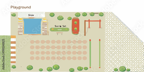 Aerial view of a playground featuring a slide swing set and circular seating