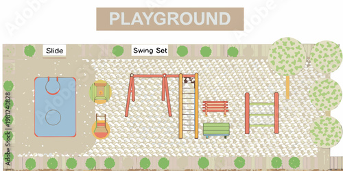 Aerial view of a colorful playground with slides swings and trees