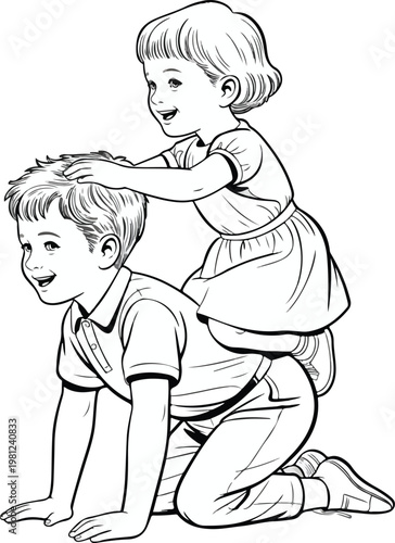 Happy Kids Playing Piggyback Game Illustration
