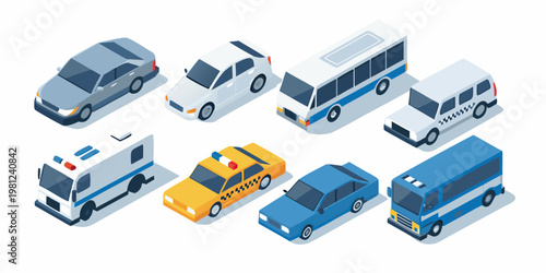 Isometric illustration depicting various public and emergency service vehicles