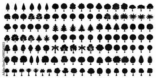 Collection of diverse tree silhouettes arranged in a grid pattern