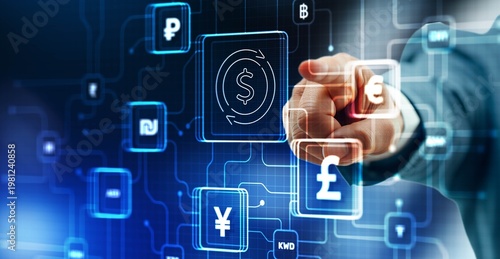 Currency technology concept. Transaction currency exchange, blockchain technology. International money transfer, banking payment