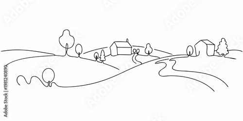 Continuous line drawing depicts a rural landscape with houses and trees