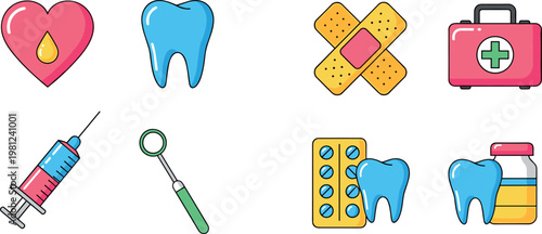 Health and Medical Icons – Syringe, Tooth, Band-Aid, and Medicine