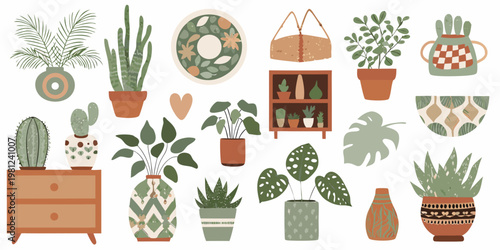 Bohemian styled indoor plants pottery and furniture arrangement illustration