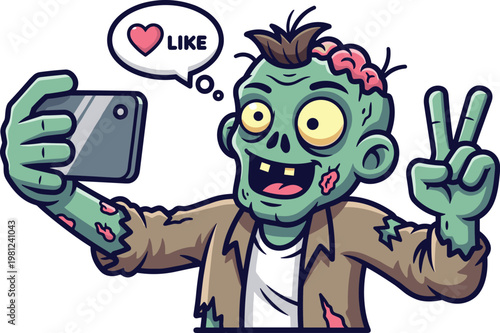 Cartoon zombie selfie character with exposed brain wearing torn jacket holding smartphone and peace sign